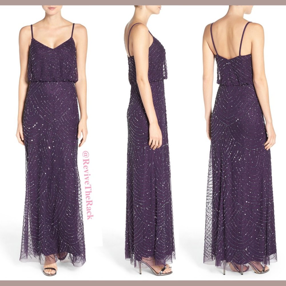 NEW Adrianna‎ Papell Embellished Blouson Gown in Amethyst Purple /Gunmetal [SZ 6